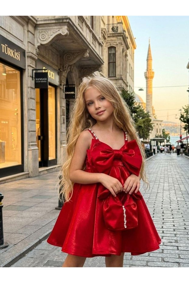 Girl's Red Stone Strap Big Bow Satin Evening Dress 2519K-