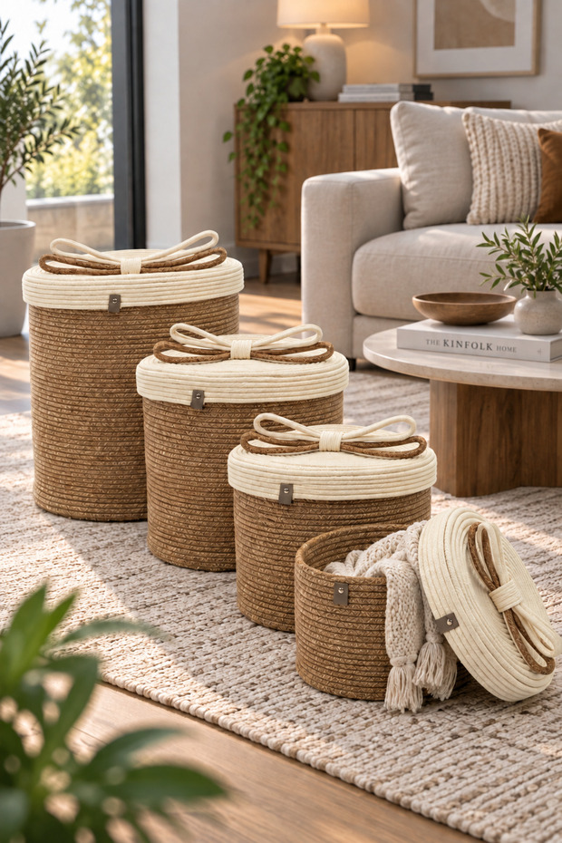 Christmas Wicker Rope Decorative 4-Piece Wicker Rope Basket with Lid Knitted Rope Basket Organizer Storage Box Home Office Kitchen Bathroom Bedroom Multi-Purpose