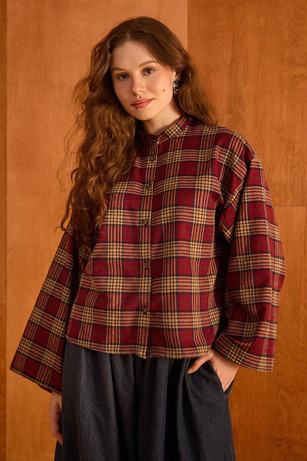 Plaid Court Collar Wide Sleeve Shirt Red