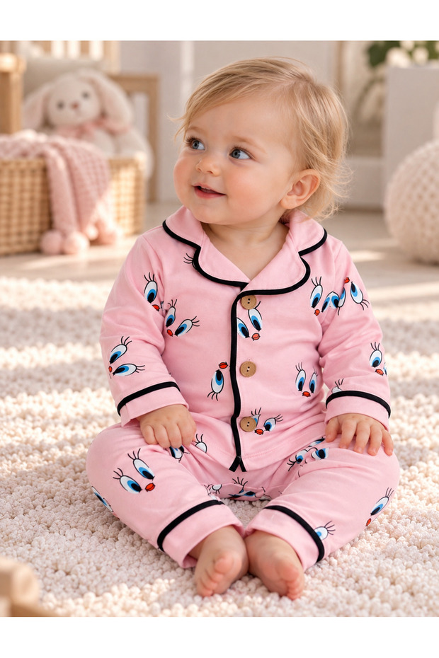 100% Cotton Pink Baby Girl Pajama Set Long Sleeve Buttoned Ciciv Patterned