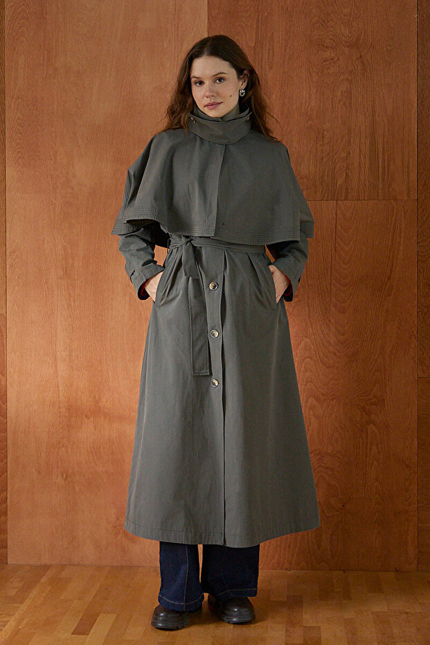 Cape Layered Belted Long Trench Coat Anthracite