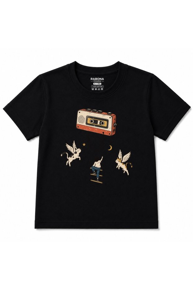 Retro Melody Cassette & Winged Cats Graphic Kids T-Shirt