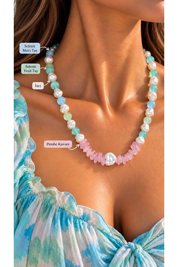 Colorful Selenite and Pink Quartz Stone Pearl Women's Design Necklace