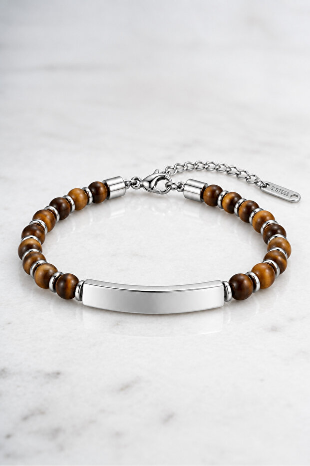 6 mm Tiger's Eye Natural Stone Name Engravable Men's Steel Bracelet