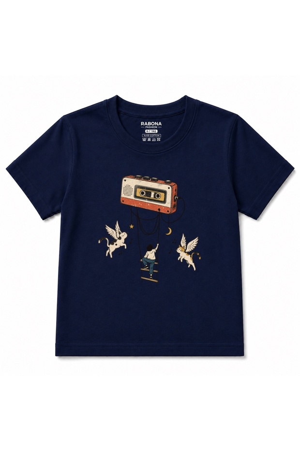 Retro Melody Cassette & Winged Cats Graphic Kids T-Shirt
