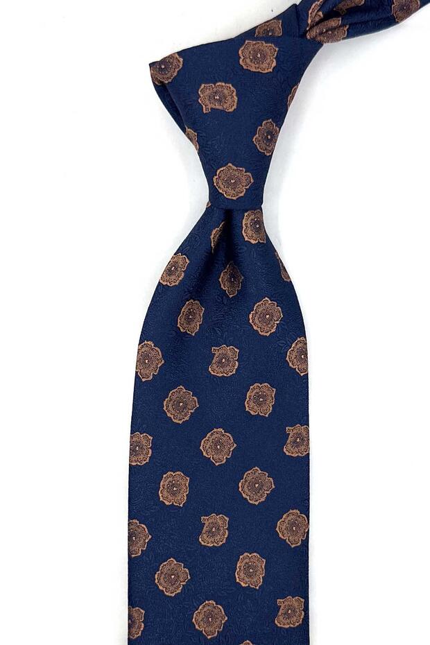 Navy Blue Floral Pattern Classic Tie with Handkerchief Kk13992