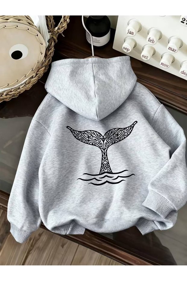 Unisex Men'S/Women's Fish Motif Printed Premium Hooded 2 Thread Oversize Sweatshirt Hoodie