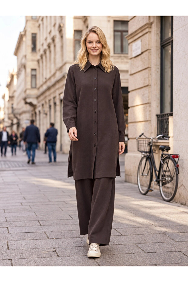 1096 Long Tunic Detail Self-Patterned Suit Brown