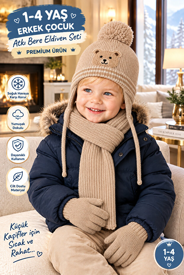 Lux 1-4 Year Old Children's 3-Piece Winter Set: Pompom Beanie, Scarf and Gloves Premium
