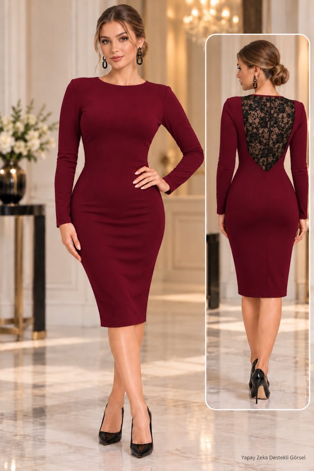 Elegant Touch of Invitations Women's Black Crew Neck Lace Detailed Back Midi Crepe Dress
