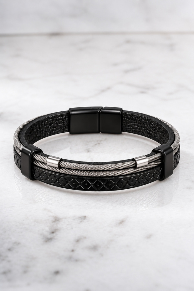 Chrome Plated 2 Row Steel Black Leather Men's Steel Bracelet