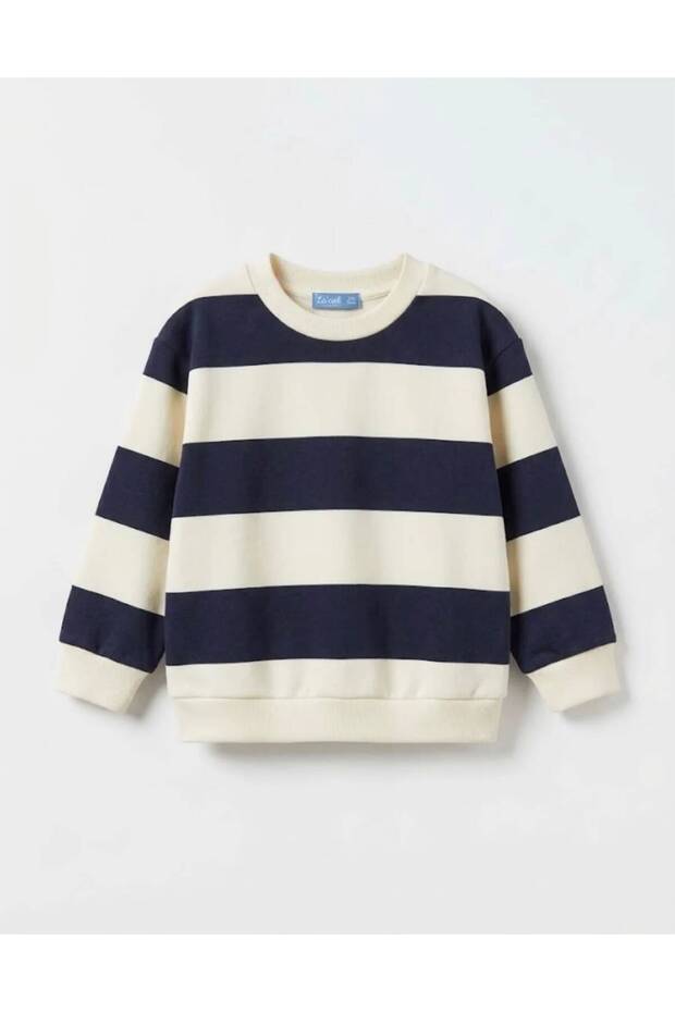 Children's Sweatshirt Striped Crew Neck Long Sleeve Casual Sports Top Navy Blue Ecru
