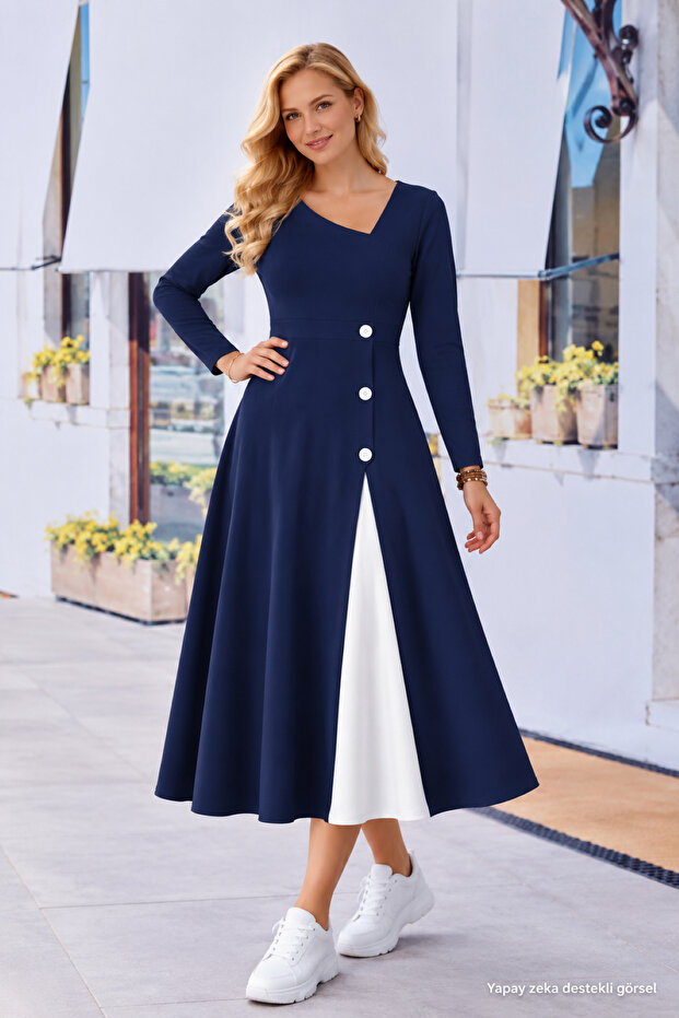 Women's Long Sleeve Asymmetrical Collar Button Detailed Midi Viscose Dress, Casual, Comfortable Dress