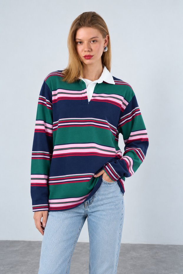 Women's Polo Collar Long Sleeve Striped Sweatshirt