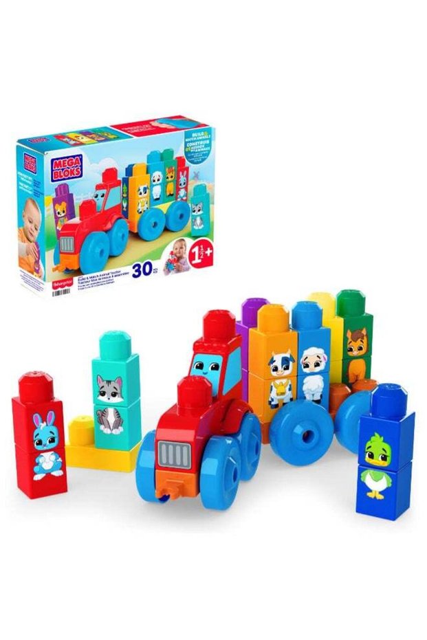 First Builders Toddler Block Toys Set, Build & Match Animal Tractor with 30 Pieces, Learn Animals a