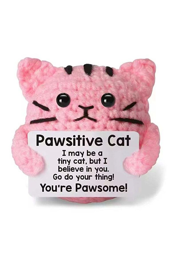 Happy Threads Pawsitive Pink Cat Plush with Inspirational Message Card, Handmade Crochet Emotional