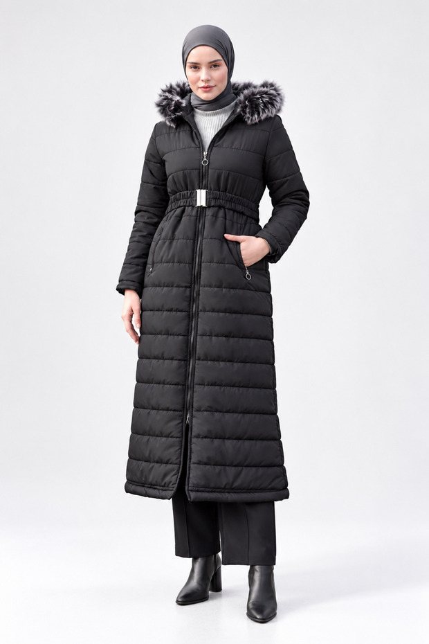 Women's Hijab Long Coat Fur Hooded Belted Pocketed Zippered Winter Quilted Coat