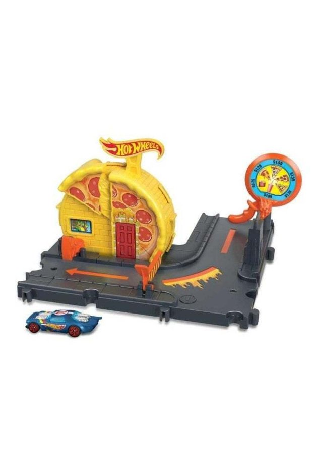 Hot Wheels City Track Set with 1 Toy Car, Pizza-Themed Playset with Car-Activated Features, Connect