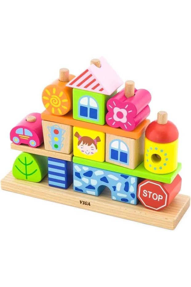 VIGA Wooden Stacking Blocks City Playset - Montessori Building Toy for Early Learning