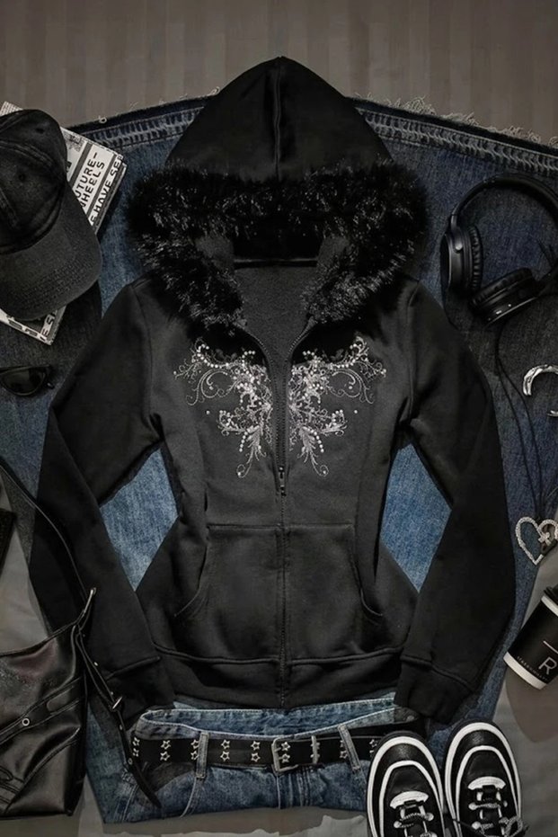 Black Fur Hooded Black Tribal Print Y2K Hooded Sweat Cardigan