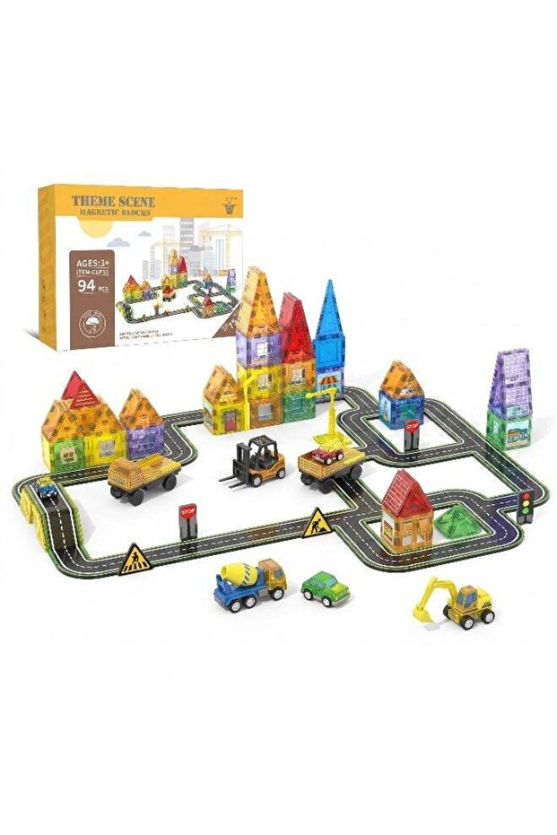 Magnetic Building Tiles Road Track Set 94 Pieces 7.5cm Size – DIY Construction Blocks with Houses,