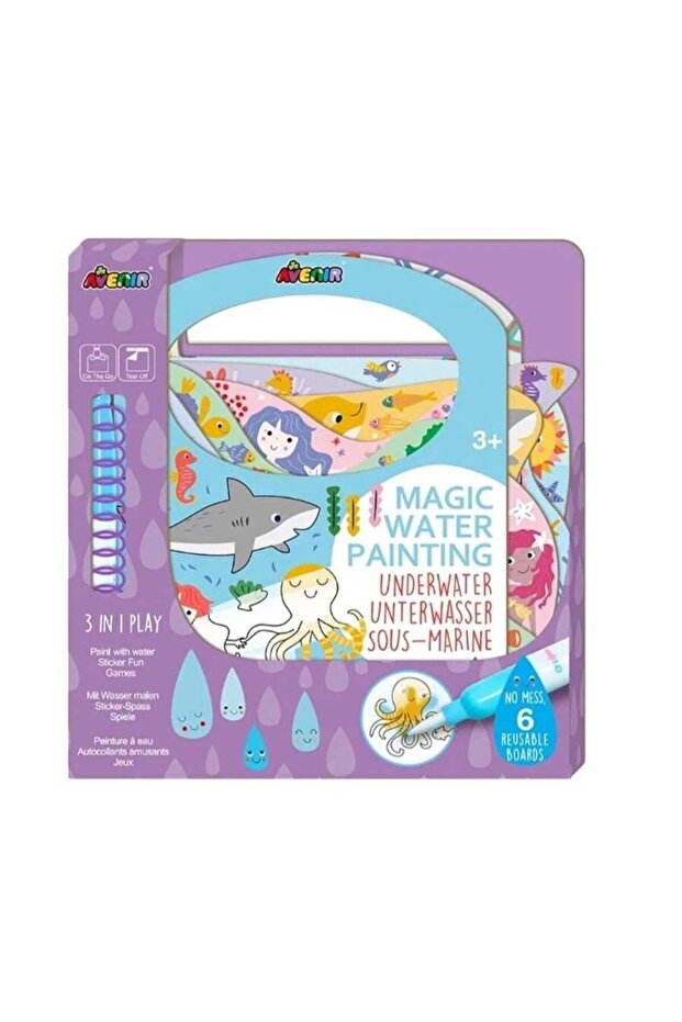 Magic Water Painting Underwater 6 Reusable Coloring Surfaces, 2 Sheets of Repositionable Stickers,