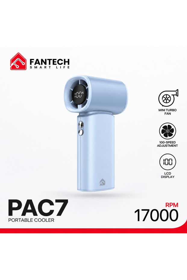 PAC7 Portable Handheld Fan, LCD Display, 17000RPM, 100 Speed Levels, Low Noise, 12H Battery Life, USB-C, Blue
