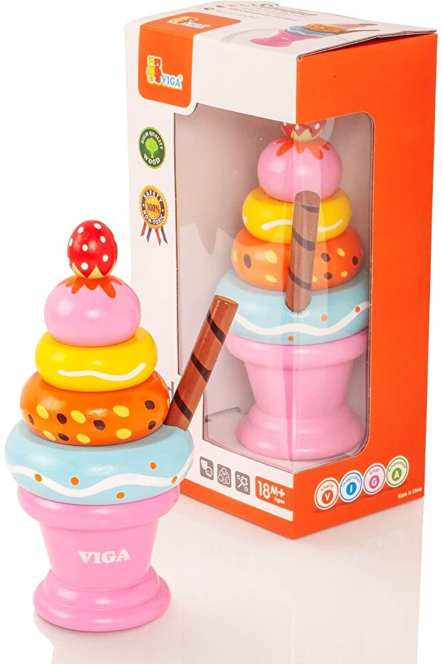 VIGA Wooden Ice Cream Sundae Stacking Toy - Colorful Pretend Play Dessert for Kids