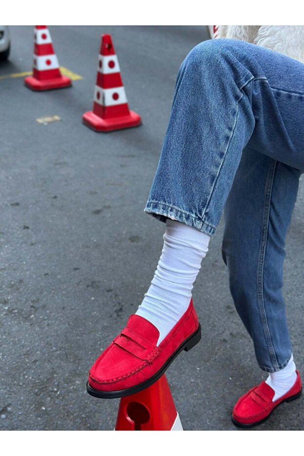 Red Suede (Serly) Comfortable Women's Loafer with Drawstring Detail