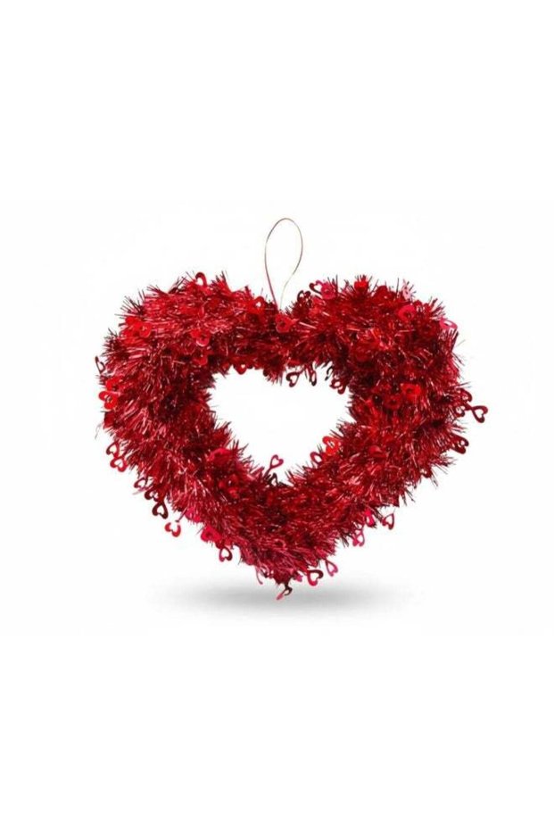 34 CM Red Heart Wreath Decorative Hanging – Shiny Tinsel with Mini Heart Accents for Valentine’s Da