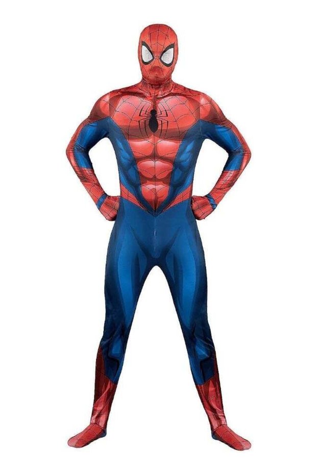 Adult Red & Blue Spider Hero Costume – Full-Body Web-Print Jumpsuit For Halloween & Cosplay L