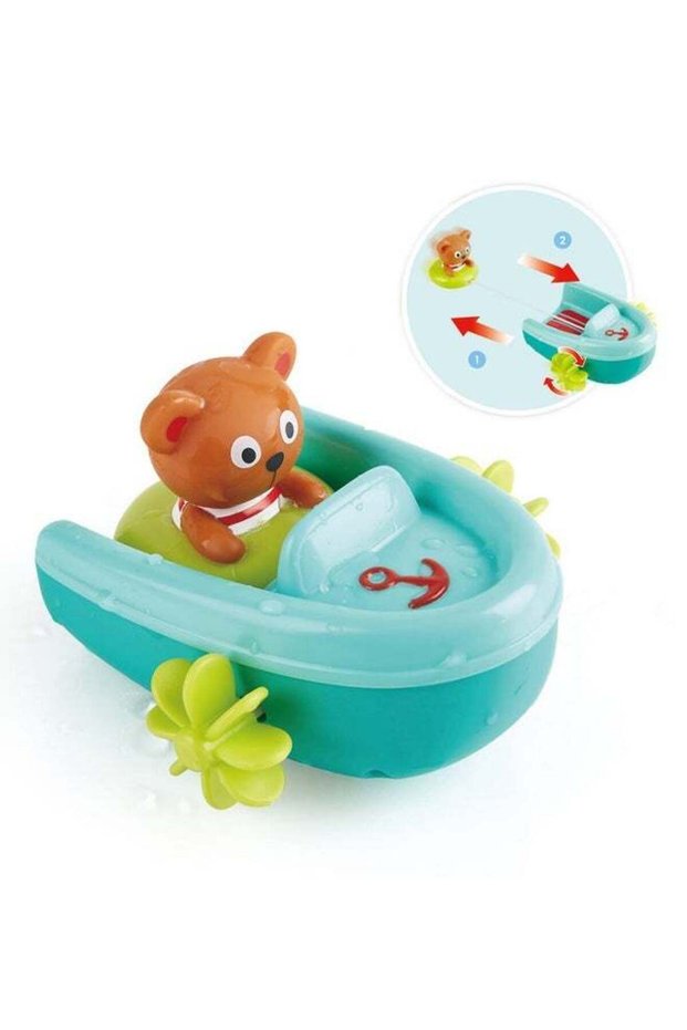 Hape Tubing Pull-Back Boat Bath Toy for Toddlers with Floating Teddy Bear & Self-Paddling Action, I