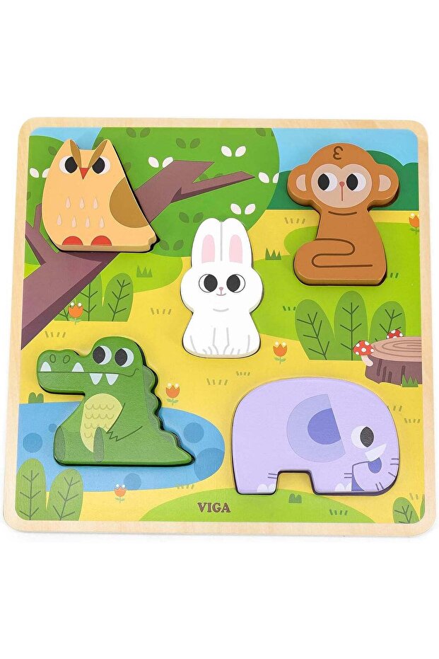 VIGA Forest 5-Piece Block Puzzle - Montessori Wooden Toy for Sensory and Cognitive Development