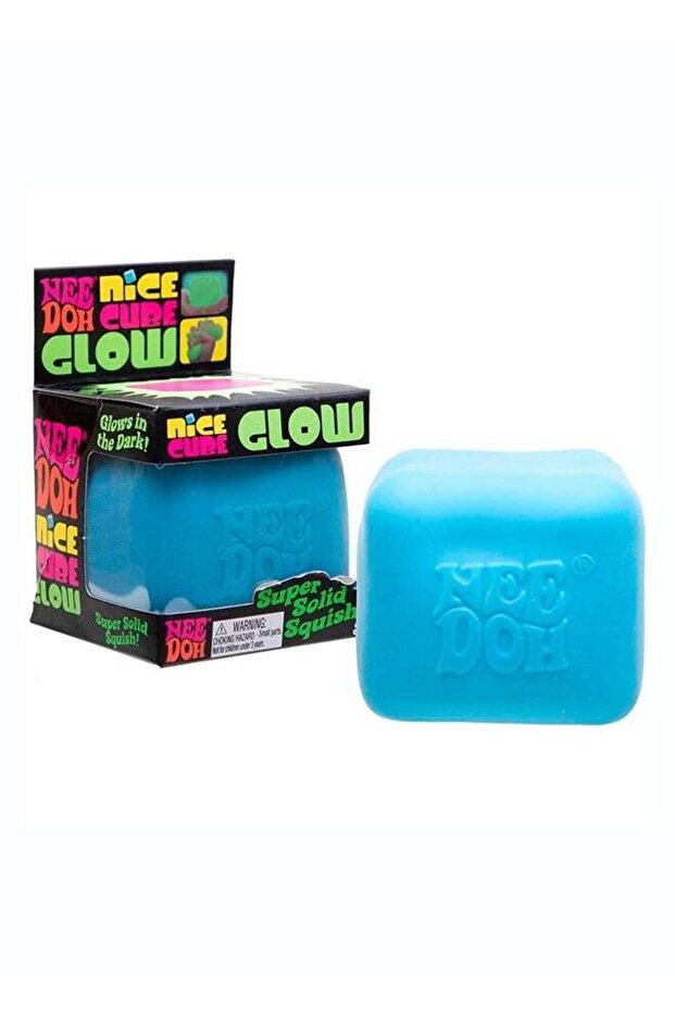 NeeDoh Nice Cube Glow Blue Squishy Sensory Fidget Toy, Glow in The Dark Stress Relief Squeeze Cube,