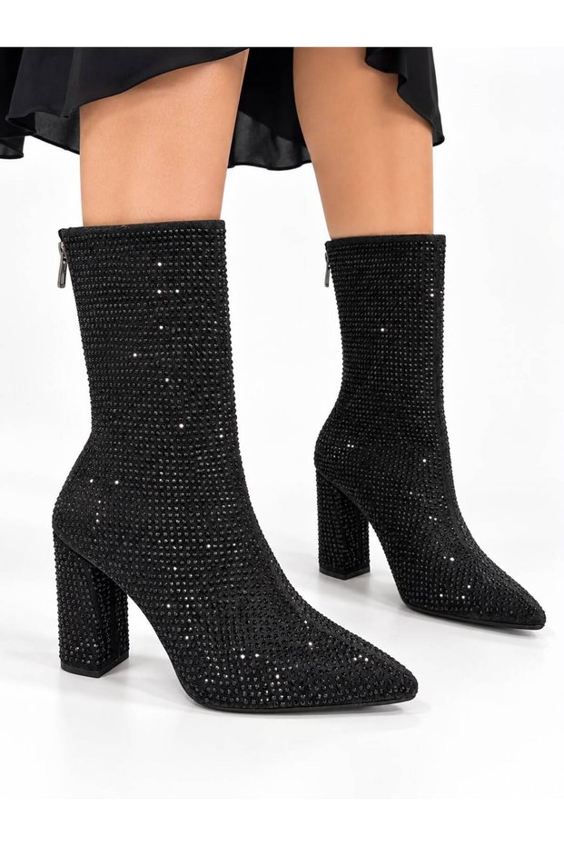 Women's Shiny Stone Detailed Back Zipper Easy-To-Wear Thick Heeled Short Boots