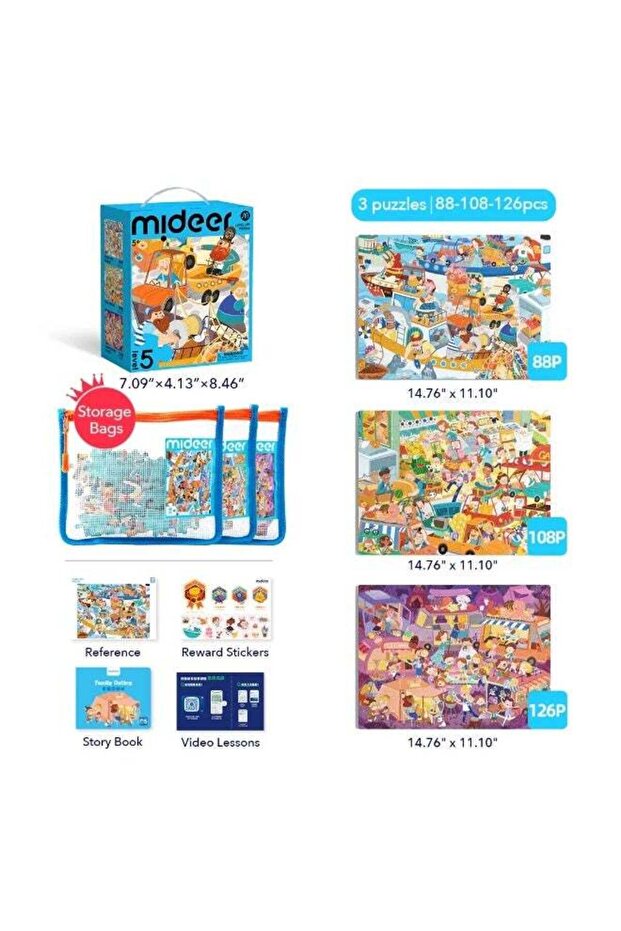 Level Up Bustling Market Puzzle Set with Storage Bag Level 5, 3 Progressive Jigsaw Puzzles for Kids