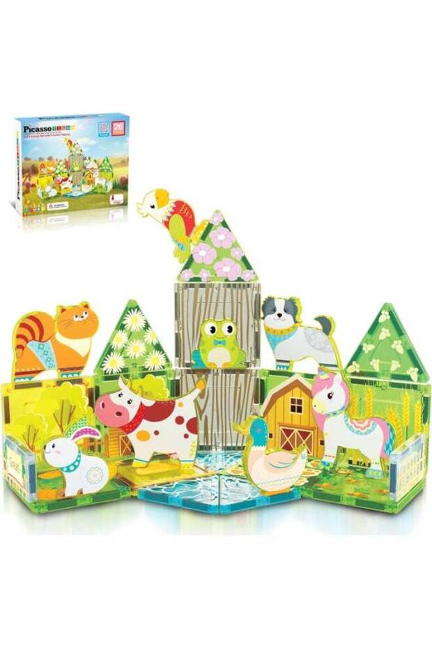 26pcs Magnetic Tiles Magnet Tile Building Blocks Printed Fall Farm Themed Animal Toy Set with 8 Far