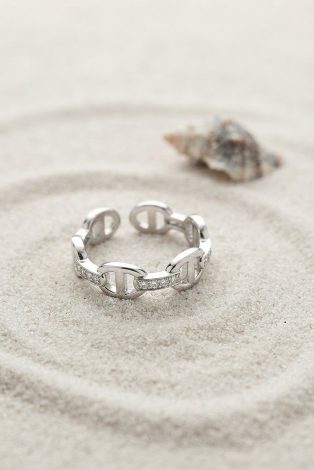 Silver Color Ship Chain Model Zircon Stone Women's Ring