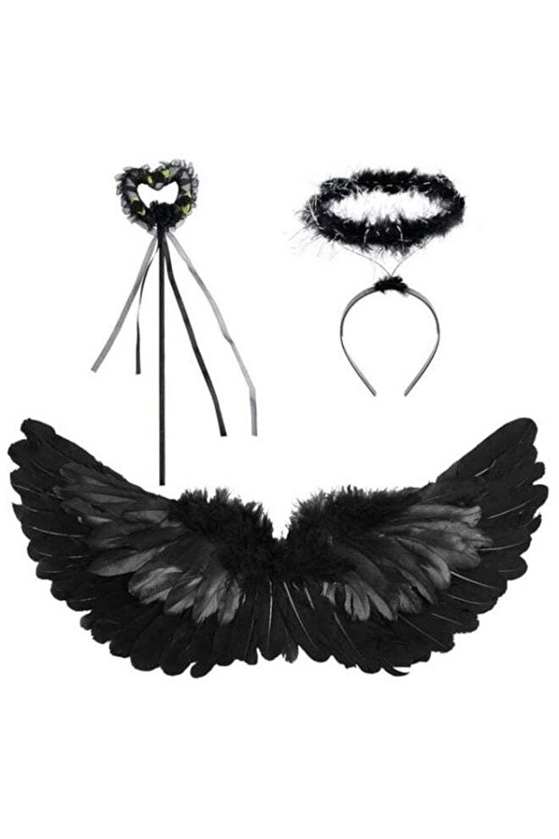 Black Fallen Angel Costume Set – Feather-Style Wings, Halo Headband & Wand Accessories, Free Size