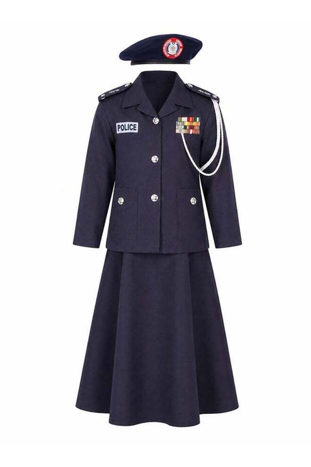 Kids Police Officer Costume Set for Girls – Navy Blue Uniform Dress with Hat Fancy Dress Role Play