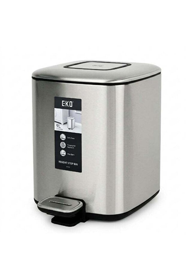 Square Matte Stainless Steel Bin with Soft Close Lid | 9 Liter, Silver
