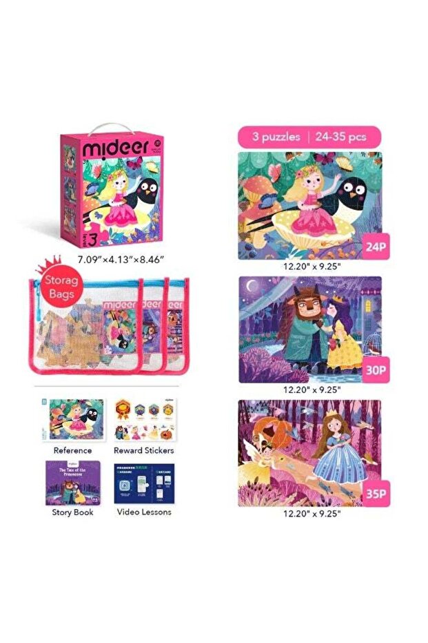 Level Up Princess Puzzle Set with Storage Bag Level 3, 3 Progressive Jigsaw Puzzles for Kids 3+, 24