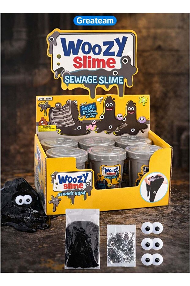 Woozy Sewage Slime Set of 6pcs Gross-Out Black Sludge Gooey Slime Toy Kit with 3 Sets of Googly Eye