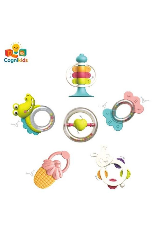 Baby Rattle & Teether Set (6 Pcs) – Bpa-Free Soft Teething Toys With Handbells, Grasp Rings & Anima