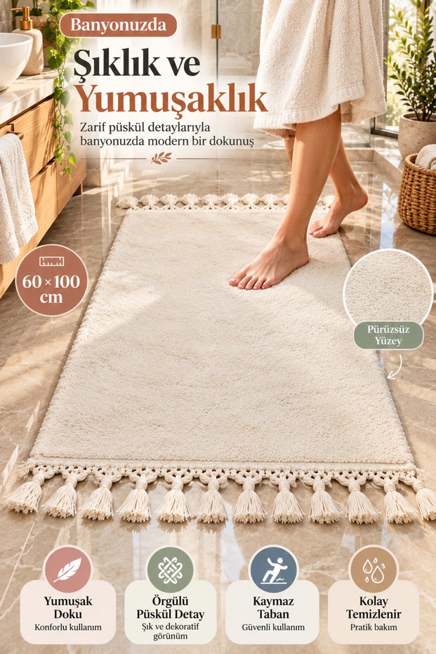 Cream Tasseled Post Bathroom Rug 60 X 100 cm Soft Textured Decorative Doormat Modern Bathroom Floor Rug.