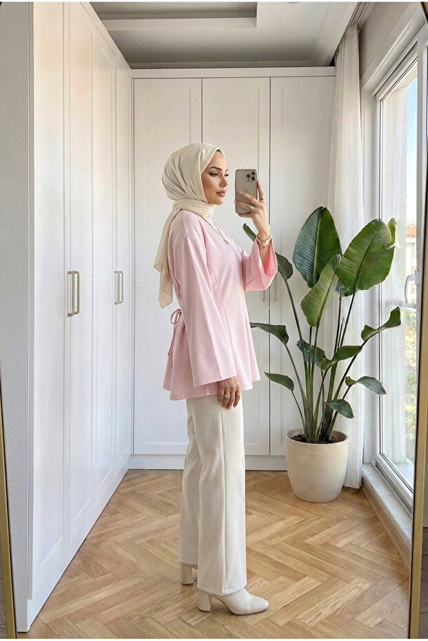 Women's Tie-Back Flounce Cut-Out Cuffed Hijab Tunic Blouse 70 cm