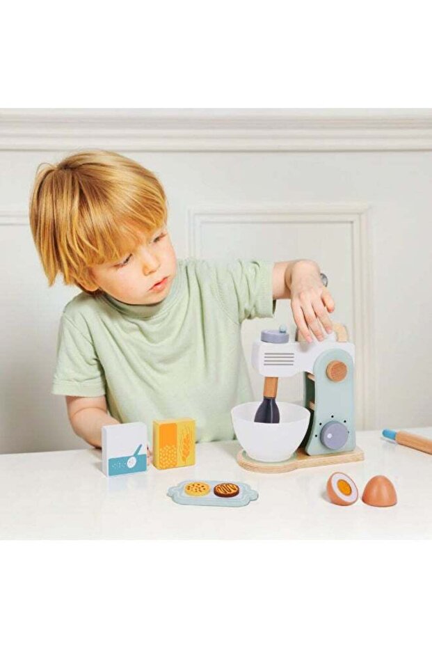Mini Baker's Toy Mixer Set – Wooden & Plastic Kitchen Appliance for Kids with Mixing Bowl, Flour Ca