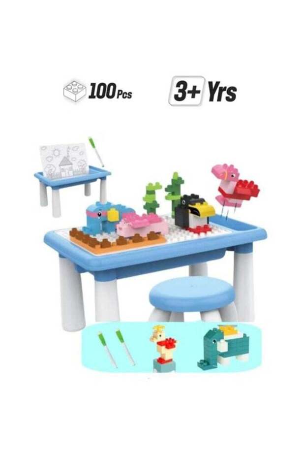 Kids 2-in-1 Drawing & Building Activity Table Set with Stool and Markers