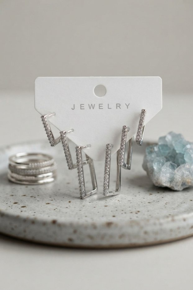 Silver Color Zircon Stone Brass Square Model Women's Earring Set