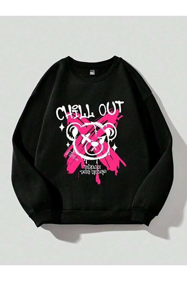 Chill Out Printed Cotton 3 Thread Threaded Crew Neck Oversize Sweatshirt
